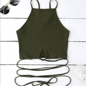 Green spaghetti strap, tie around crop top